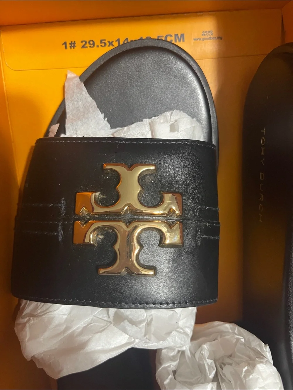 Tory Burch Black Leather Slides with Gold Logo Hardware